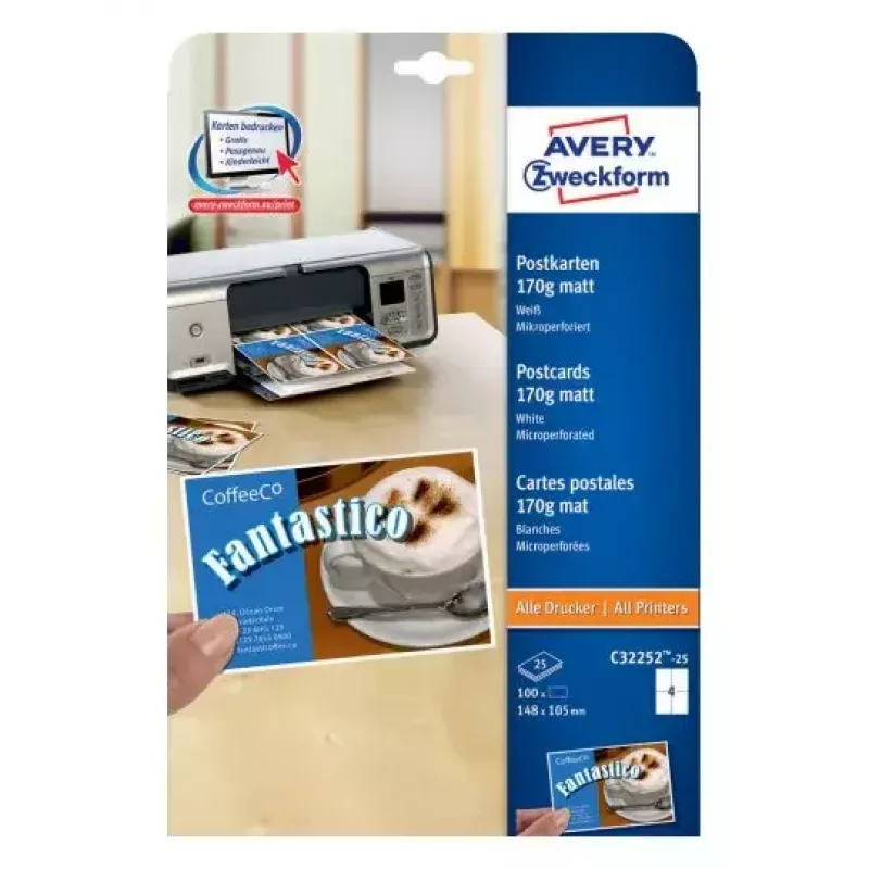 Avery Zweckform C32252-25 kahepoolsed perforeeritud postkaardid, 148 x 105 mm, 170 g/m², mattvalge, 100 kaarti