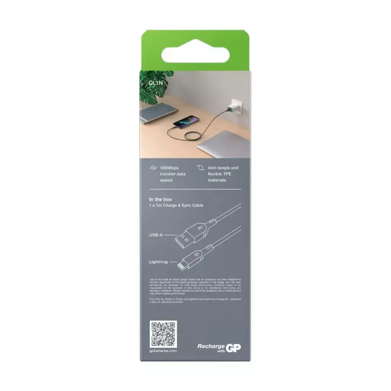 Kaabel GP Batteries CL1N 1m Lightning to USB A 12W 2,4A