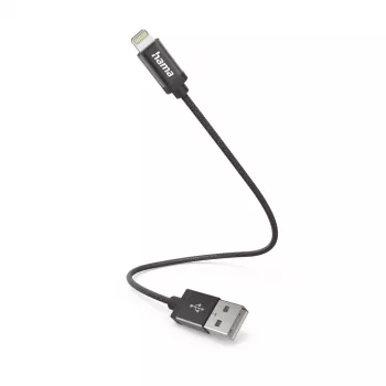 Hama laadimiskaabel, USB-A - Lightning, 0,2 m, nailon, must, 0,2 m, Lightning, USB A, isane, isane, must