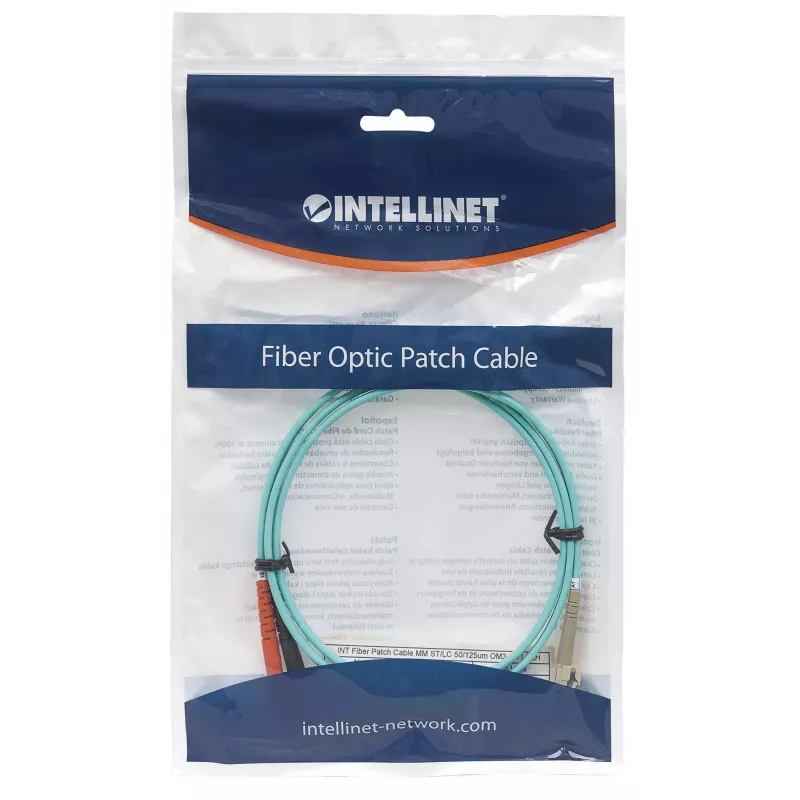 Intellinet Fiiberoptiline patch-kaabel, OM3, ST/LC, 1m, Aqua, Dupleks, Multimode, 50/125 µm, LSZH, Fiiber, Eluaegne Garantii
