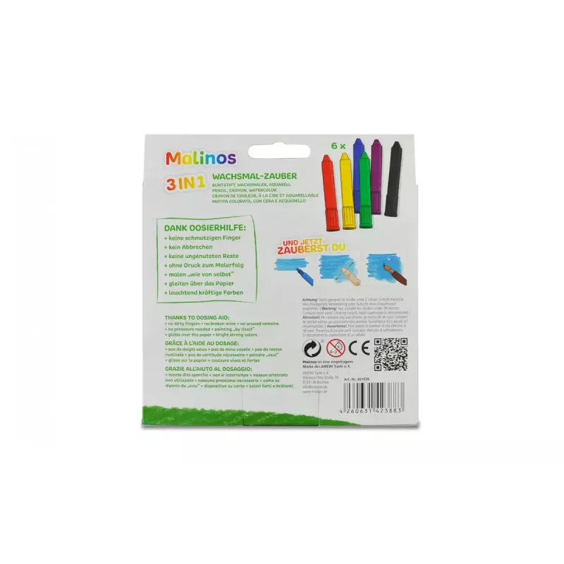 Crayon Malinos 301036 6 tk mitmevärviline Must Sinine Roheline Punane Violetne Kollane