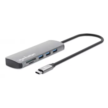 Manhattan USB-C dokk/jaotur kaardilugejaga, pordid (x7): Ethernet, HDMI, USB-A (x3) ja USB-C (x2), Power Delivery (PD) 100 W – vajab välist USB-C laadijat (ei ole kaasas). USB-toitega (välist toiteallikat pole vaja), kui PD ei ole kasutusel