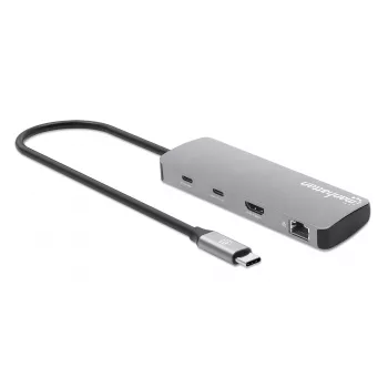 Manhattan USB-C dokk/jaotur kaardilugejaga, pordid (x7): Ethernet, HDMI, USB-A (x3) ja USB-C (x2), Power Delivery (PD) 100 W – vajab välist USB-C laadijat (ei ole kaasas). USB-toitega (välist toiteallikat pole vaja), kui PD ei ole kasutusel