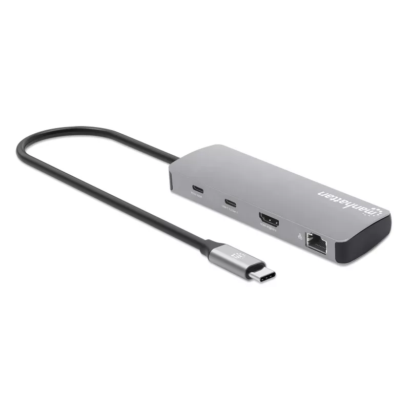 Manhattan USB-C dokk/jaotur kaardilugejaga, pordid (x7): Ethernet, HDMI, USB-A (x3) ja USB-C (x2), Power Delivery (PD) 100 W – vajab välist USB-C laadijat (ei ole kaasas). USB-toitega (välist toiteallikat pole vaja), kui PD ei ole kasutusel