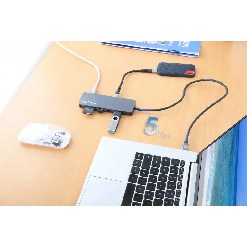 Manhattan USB-C dokk/jaotur kaardilugejaga, pordid (x7): Ethernet, HDMI, USB-A (x3) ja USB-C (x2), Power Delivery (PD) 100 W – vajab välist USB-C laadijat (ei ole kaasas). USB-toitega (välist toiteallikat pole vaja), kui PD ei ole kasutusel
