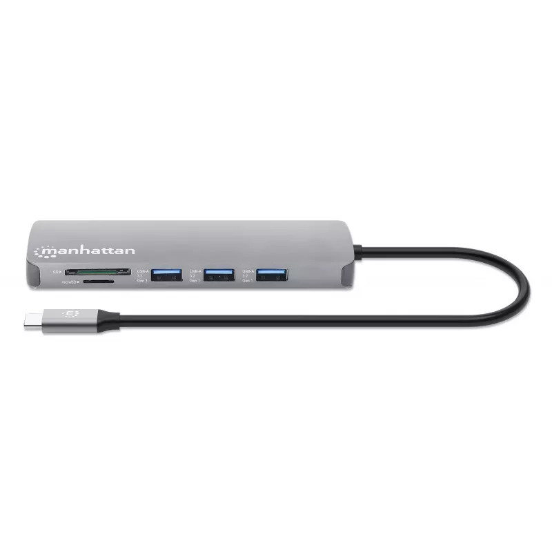 Manhattan USB-C dokk/jaotur kaardilugejaga, pordid (x7): Ethernet, HDMI, USB-A (x3) ja USB-C (x2), Power Delivery (PD) 100 W – vajab välist USB-C laadijat (ei ole kaasas). USB-toitega (välist toiteallikat pole vaja), kui PD ei ole kasutusel