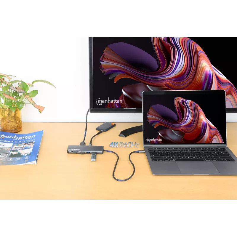 Manhattan USB-C dokk/jaotur kaardilugejaga, pordid (x7): Ethernet, HDMI, USB-A (x3) ja USB-C (x2), Power Delivery (PD) 100 W – vajab välist USB-C laadijat (ei ole kaasas). USB-toitega (välist toiteallikat pole vaja), kui PD ei ole kasutusel