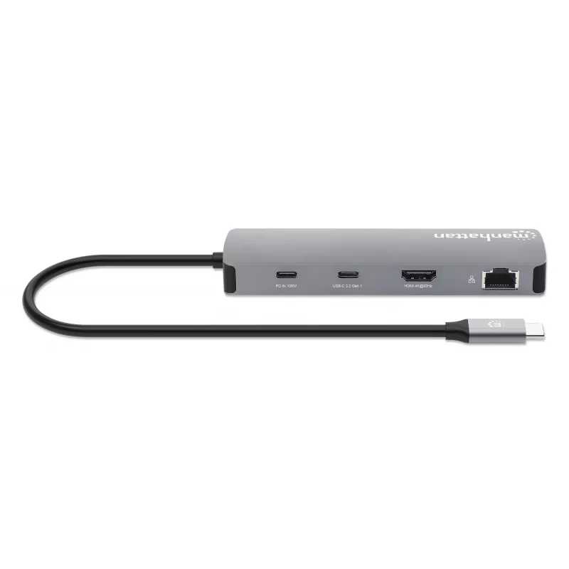 Manhattan USB-C dokk/jaotur kaardilugejaga, pordid (x7): Ethernet, HDMI, USB-A (x3) ja USB-C (x2), Power Delivery (PD) 100 W – vajab välist USB-C laadijat (ei ole kaasas). USB-toitega (välist toiteallikat pole vaja), kui PD ei ole kasutusel