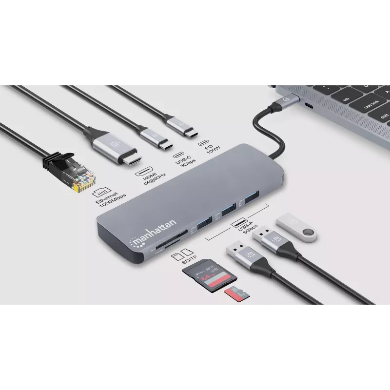 Manhattan USB-C dokk/jaotur kaardilugejaga, pordid (x7): Ethernet, HDMI, USB-A (x3) ja USB-C (x2), Power Delivery (PD) 100 W – vajab välist USB-C laadijat (ei ole kaasas). USB-toitega (välist toiteallikat pole vaja), kui PD ei ole kasutusel