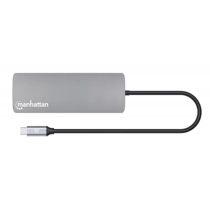 Manhattan USB-C dokk/jaotur kaardilugejaga, pordid (x7): Ethernet, HDMI, USB-A (x3) ja USB-C (x2), Power Delivery (PD) 100 W – vajab välist USB-C laadijat (ei ole kaasas). USB-toitega (välist toiteallikat pole vaja), kui PD ei ole kasutusel