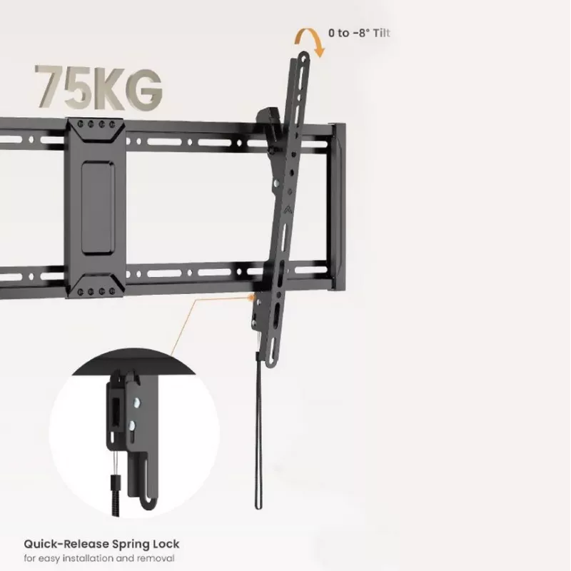 TV seinakinnitusklamber EQUIP 43 tolli–95 tolli Tilt õhuke kuni 75 kg teleritele, VESA 200x200–800x400, kalle 0–8°, 4,2 cm kaugus, must