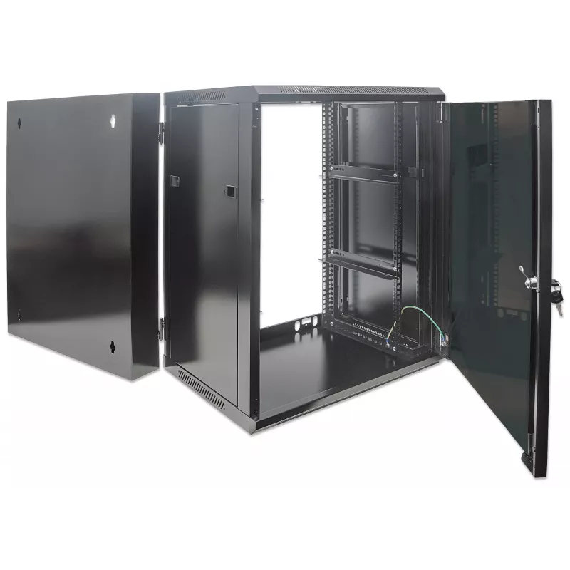 Intellinet 19-tolline seinakapp - seinale kinnitatav (kaheosaline hingedega väljapööratav), 15U, 550 mm sügav, must, kokkupandud, max 30 kg, pöördub välja, et pääseda ligi kapi tagaküljele seinale paigaldatuna, 19-tolline, kasutatav sügavus 425 mm, seinale kinnitamise osad ei kuulu komplekti