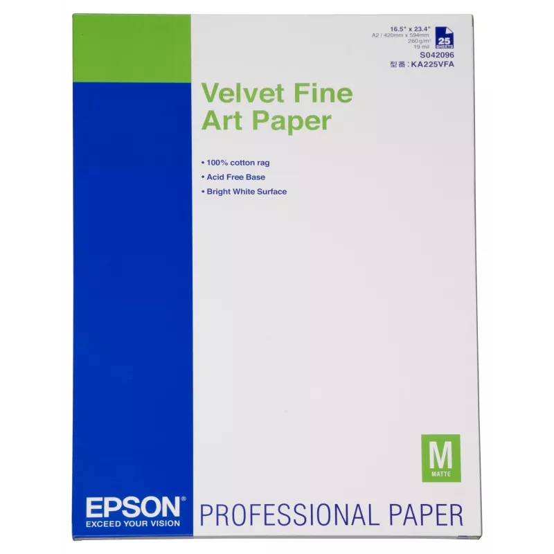 Epson Velvet Fine Art Paper, DIN A2, 260g/m², 25 lehte, 42 cm, matt, 480 µm, 260 g/m²