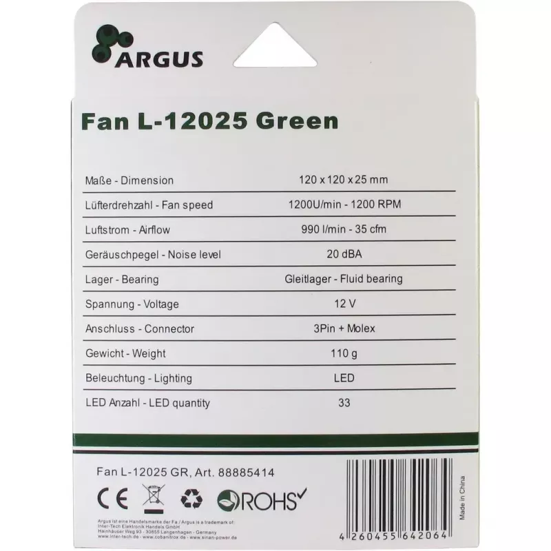 Ventilaator Inter-Tech L-12025 Arvutikorpuse ventilaator 12 cm Must Roheline