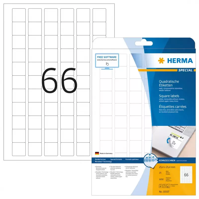 Isekleepuvad sildid HERMA eemaldatav A4 25,4x25,4 mm 1650 tk