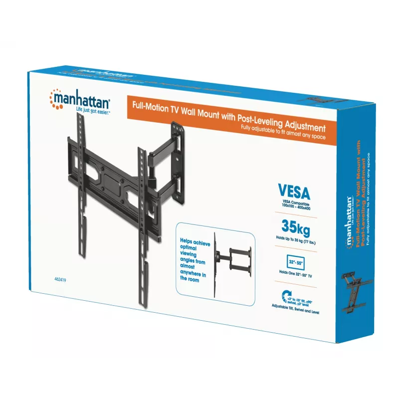 Manhattani seinakinnitus teleritele ja monitoridele (täisliikumisega), ekraanidele 32 tolli kuni 55 tolli, VESA ühilduvus: kõik vahemikus 100x100 mm kuni 400x400 mm – kontrolli nelja kinnitusava mõõtmeid ekraani tagaküljel, et tagada sobivus, max 35 kg, must, kronstein