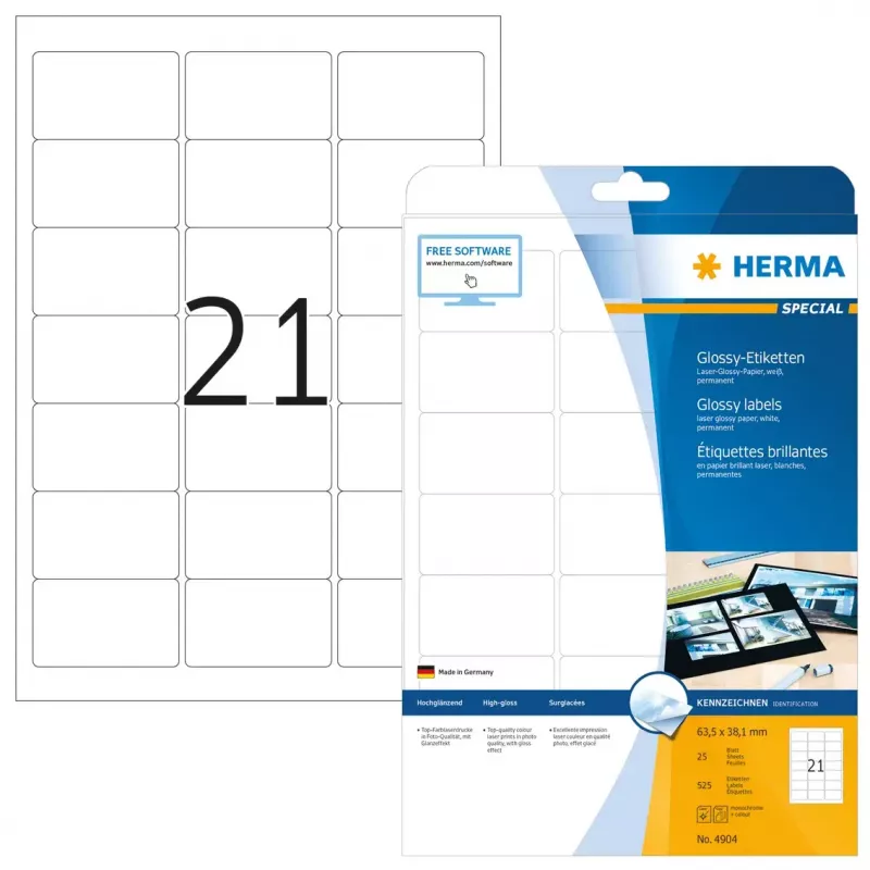 Isekleepuv printerisilt HERMA Labels A4 63,5x38,1 mm valge paber läikiv 525 tk