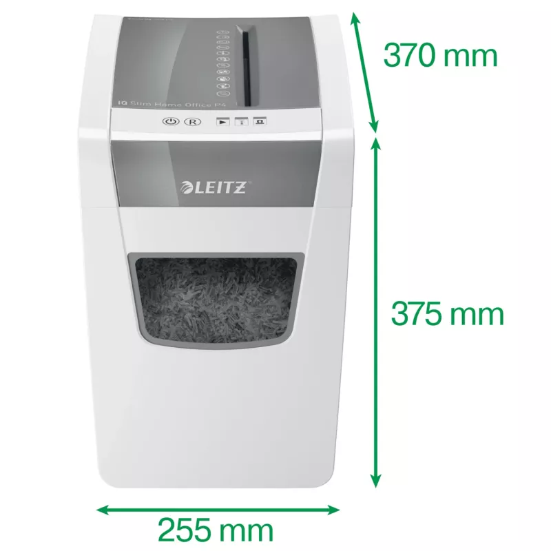 Leitz IQ õhuke kodukontori paberipurustaja P4, ristlõikus, 22 cm, 4 x 28 mm, 23 L, 225 lehte, 58 dB