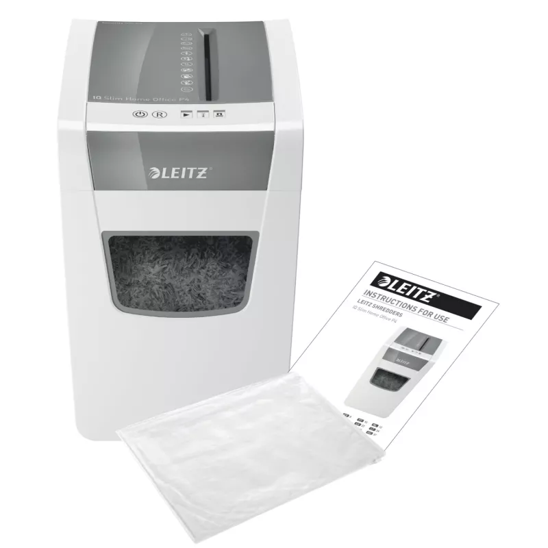 Leitz IQ õhuke kodukontori paberipurustaja P4, ristlõikus, 22 cm, 4 x 28 mm, 23 L, 225 lehte, 58 dB