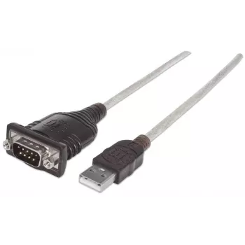 Manhattan USB-A jadaadapteri kaabel, 1,8 m, isane-isanele, Serial/RS232/COM/DB9, Prolific PL-2303RA kiip, must/hõbedane kaabel, kolmeaastane garantii
