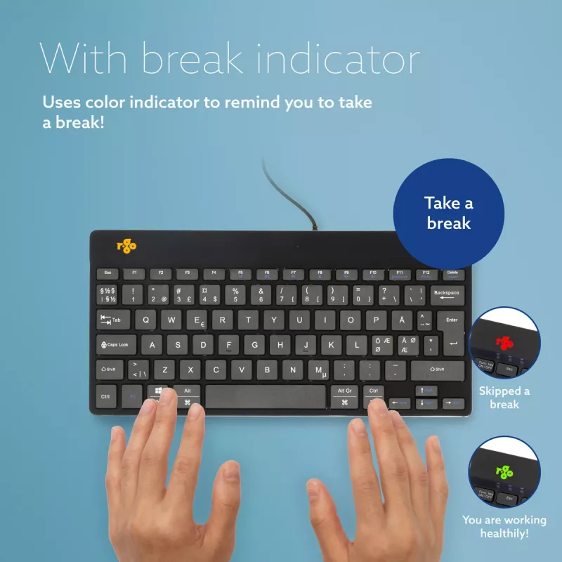 R-Go Tools Ergonoomiline klaviatuur R-Go Compact Break, kompaktne klaviatuur pausitarkvaraga, QWERTY (Põhjamaade), juhtmega, must