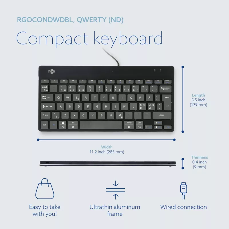 R-Go Tools Ergonoomiline klaviatuur R-Go Compact Break, kompaktne klaviatuur pausitarkvaraga, QWERTY (Põhjamaade), juhtmega, must