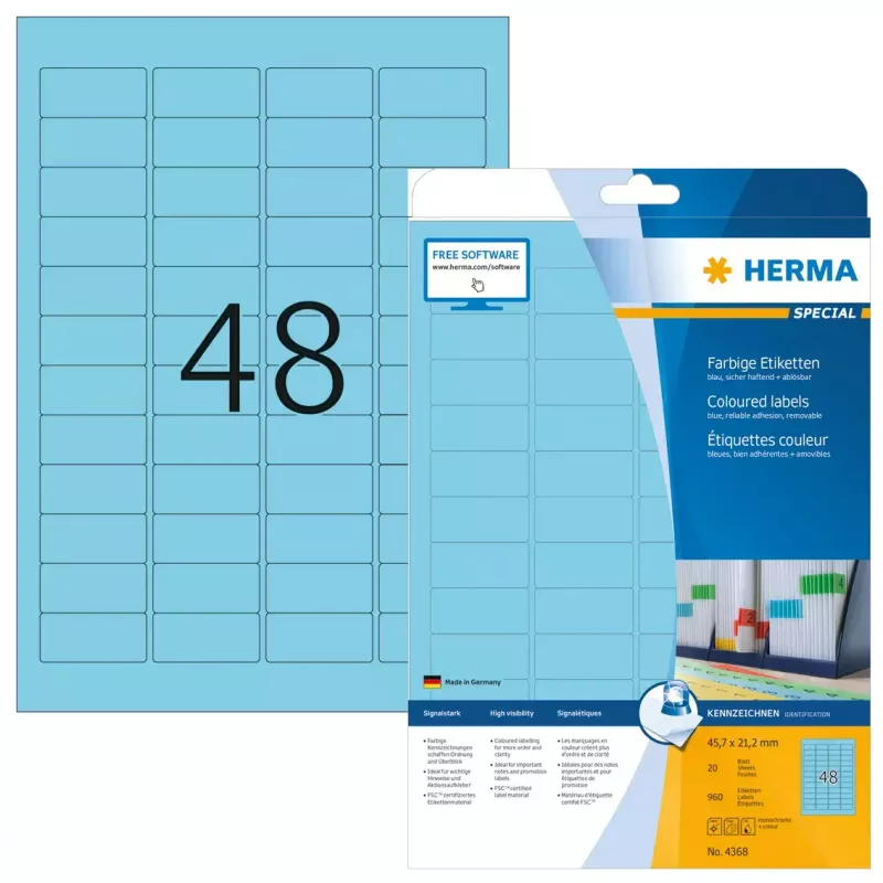 Isekleepuv printerisilt HERMA värvilised etiketid A4 45,7x21,2 mm sinine