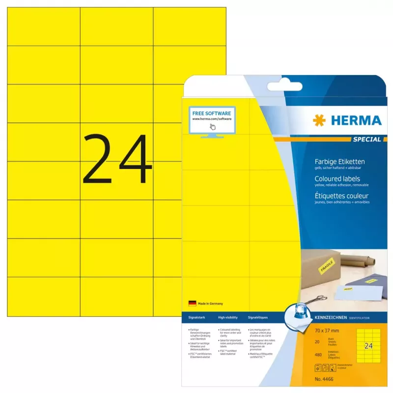 Isekleepuv printerisilt HERMA Coloured Labels A4 70x37 mm kollane
