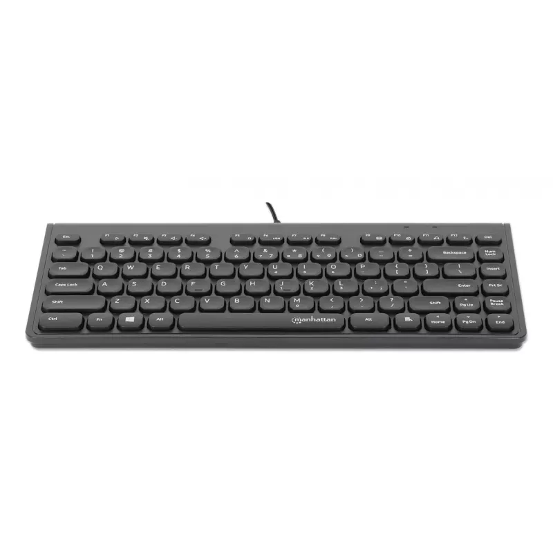 Manhattan õhuke Wired USB Mini klaviatuur, 12 Multimedia/Function Keys, Built-in 1.5 m (5 ft.) USB-A kaabel, Compact, Low-Profile Format, for PC and Laptop, Must