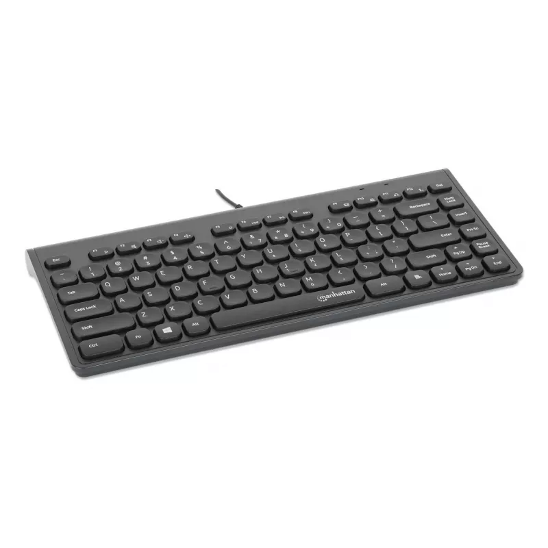 Manhattan õhuke Wired USB Mini klaviatuur, 12 Multimedia/Function Keys, Built-in 1.5 m (5 ft.) USB-A kaabel, Compact, Low-Profile Format, for PC and Laptop, Must