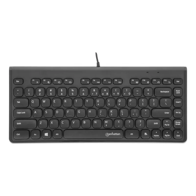 Manhattan õhuke Wired USB Mini klaviatuur, 12 Multimedia/Function Keys, Built-in 1.5 m (5 ft.) USB-A kaabel, Compact, Low-Profile Format, for PC and Laptop, Must