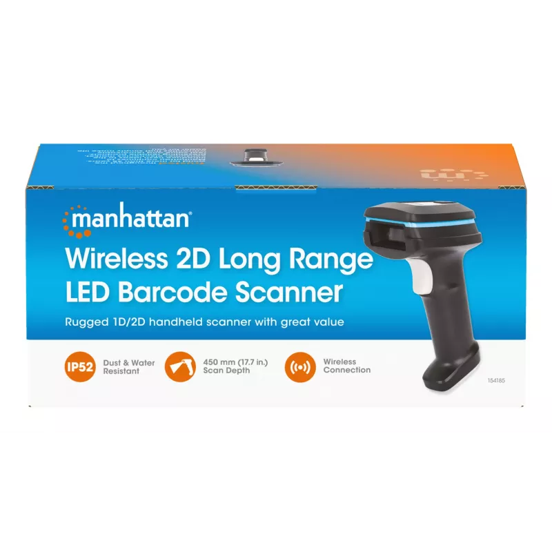 Manhattan Wireless 2D pihukäsiskanner, skaneerimissügavus 250 mm, kuni 80 m efektiivne ulatus (otsenähtavus), maksimaalne ümbritsev valgus 100 000 luksi (päikesevalgus), must, laadimiskaabel (USB-A USB-C seadmesse) 1 m kaasas, kolmeaastane garantii