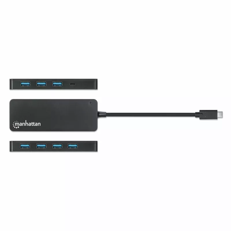 Manhattan USB-C dokk/jaotur, pordid (x7): USB-A (x7), 5 Gbps (USB 3.2 Gen1 ehk USB 3.0), välist toiteallikat pole vaja, universaalne kõigile seadmetele, kaabel 15cm, SuperSpeed USB, must, kolmeaastane garantii
