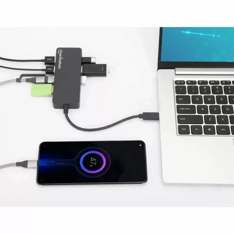 Manhattan USB-C dokk/jaotur, pordid (x7): USB-A (x7), 5 Gbps (USB 3.2 Gen1 ehk USB 3.0), välist toiteallikat pole vaja, universaalne kõigile seadmetele, kaabel 15cm, SuperSpeed USB, must, kolmeaastane garantii