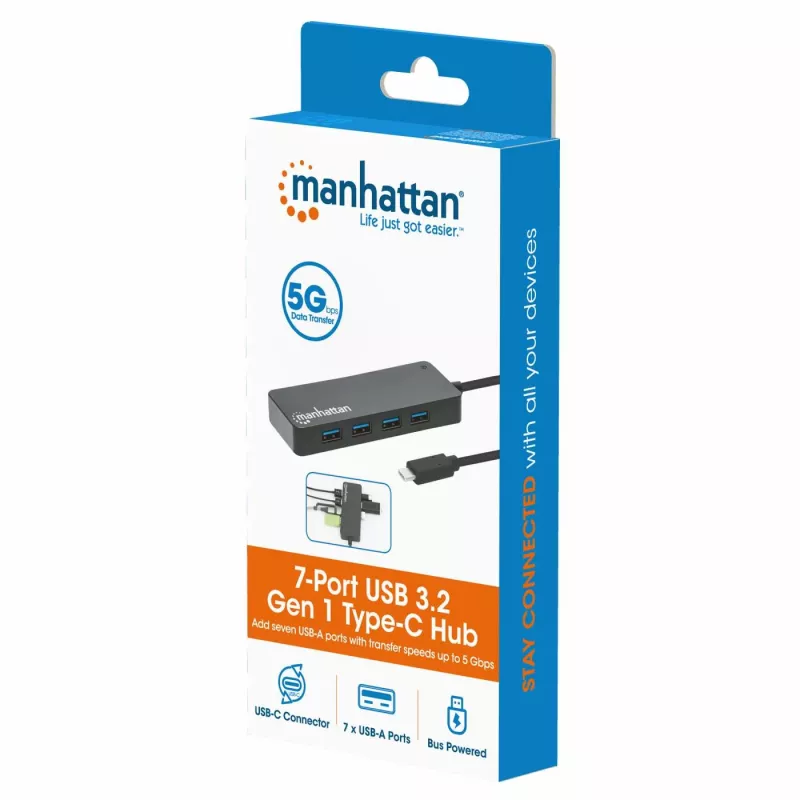 Manhattan USB-C dokk/jaotur, pordid (x7): USB-A (x7), 5 Gbps (USB 3.2 Gen1 ehk USB 3.0), välist toiteallikat pole vaja, universaalne kõigile seadmetele, kaabel 15cm, SuperSpeed USB, must, kolmeaastane garantii