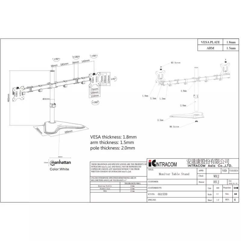 Manhattan Dual Lauakinnitus teleritele ja monitoridele (täisliigutusega), alusekomplekt, ekraanidele: 10-27 tolli, VESA ühilduvus: 75x75 ja 100x100 mm - kontrollige ekraani tagaküljel olevate nelja kinnitusava mõõtmeid, et veenduda sobivuses, maksimaalselt 8 kg (igaüks), must, kronstein