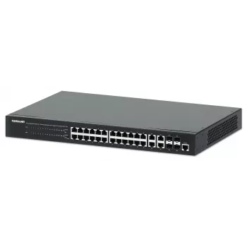 Intellinet 24-pordine Gigabit Ethernet PoE+ veebihaldusega kommutaator 4 Gigabit Combo Base-T/SFP pordiga, IEEE 802.3at/af toitega Etherneti (PoE+/PoE) ühilduv, 370 W, Endspan, 19-tolline riiulipaigaldus