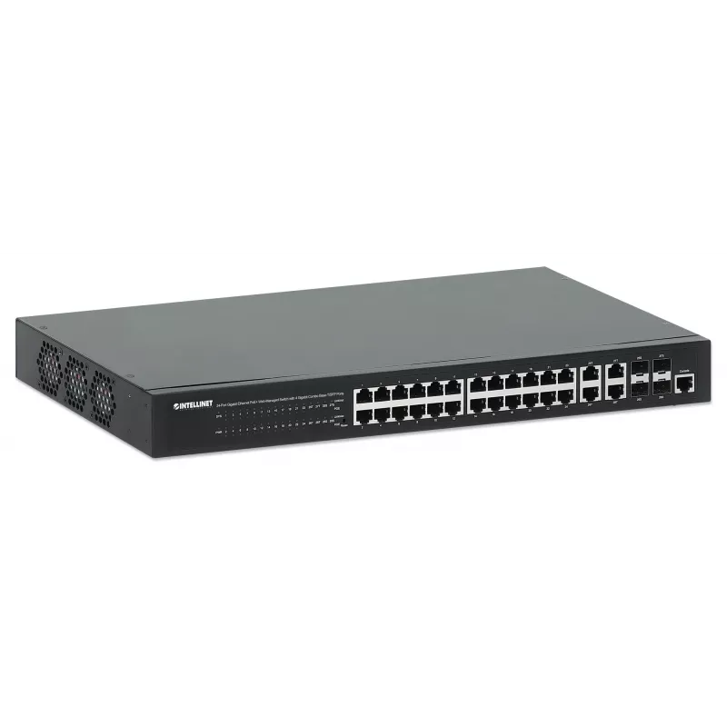 Intellinet 24-pordine Gigabit Ethernet PoE+ veebihaldusega kommutaator 4 Gigabit Combo Base-T/SFP pordiga, IEEE 802.3at/af toitega Etherneti (PoE+/PoE) ühilduv, 370 W, Endspan, 19-tolline riiulipaigaldus