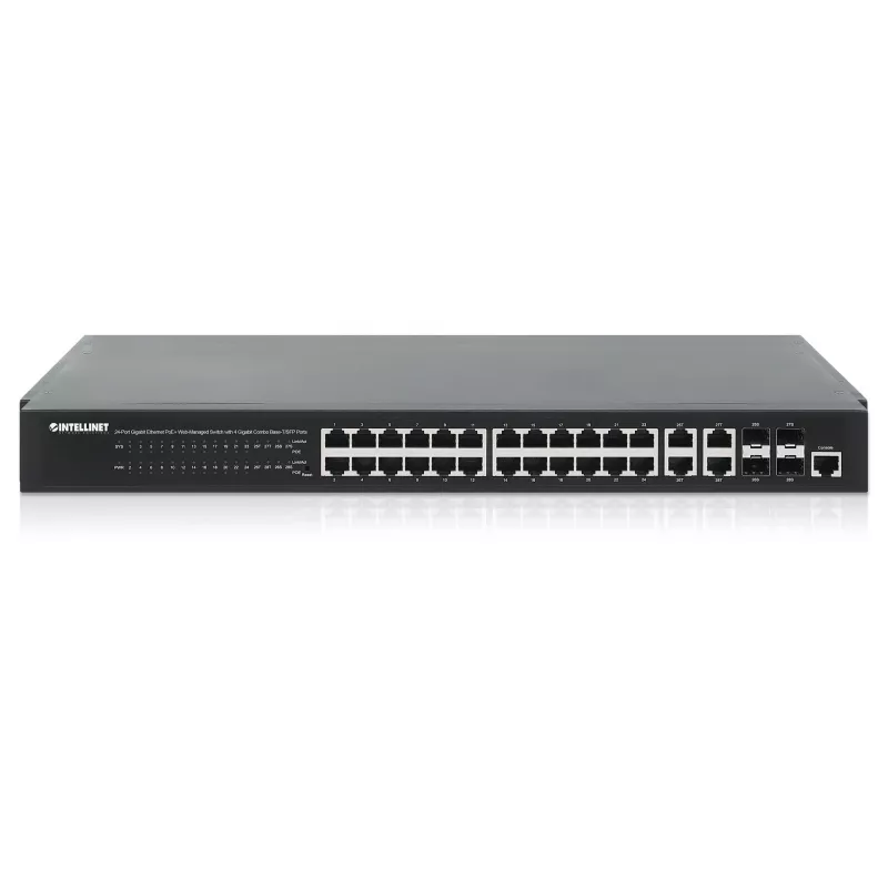 Intellinet 24-pordine Gigabit Ethernet PoE+ veebihaldusega kommutaator 4 Gigabit Combo Base-T/SFP pordiga, IEEE 802.3at/af toitega Etherneti (PoE+/PoE) ühilduv, 370 W, Endspan, 19-tolline riiulipaigaldus
