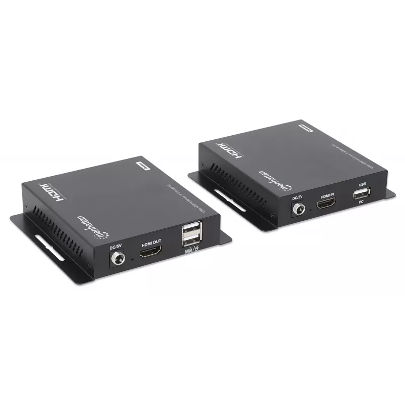 Manhattan 1080p HDMI KVM üle IP pikenduskomplekt, pikendab 1080p@60Hz signaali kuni 120 m ühe Cat6 Etherneti kaabli või IP-toega võrgu kaudu, saatja ja vastuvõtja, USB-A pordid arvuti/hiire/klaviatuuri jaoks, must, kolmeaastane garantii