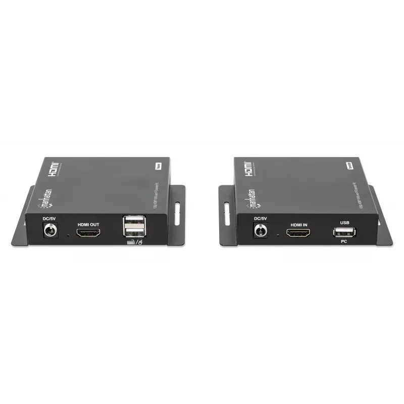 Manhattan 1080p HDMI KVM üle IP pikenduskomplekt, pikendab 1080p@60Hz signaali kuni 120 m ühe Cat6 Etherneti kaabli või IP-toega võrgu kaudu, saatja ja vastuvõtja, USB-A pordid arvuti/hiire/klaviatuuri jaoks, must, kolmeaastane garantii