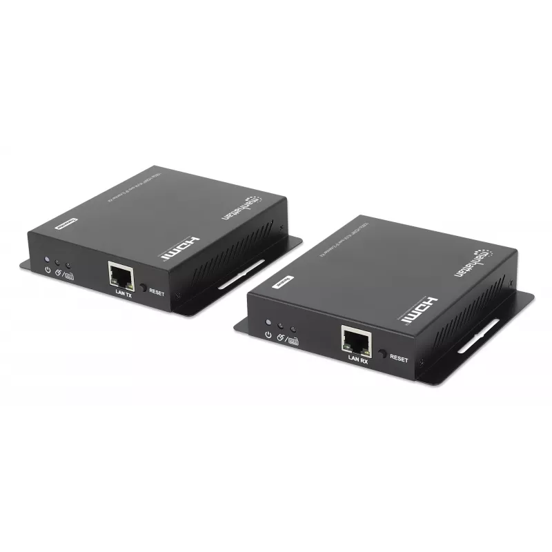Manhattan 1080p HDMI KVM üle IP pikenduskomplekt, pikendab 1080p@60Hz signaali kuni 120 m ühe Cat6 Etherneti kaabli või IP-toega võrgu kaudu, saatja ja vastuvõtja, USB-A pordid arvuti/hiire/klaviatuuri jaoks, must, kolmeaastane garantii