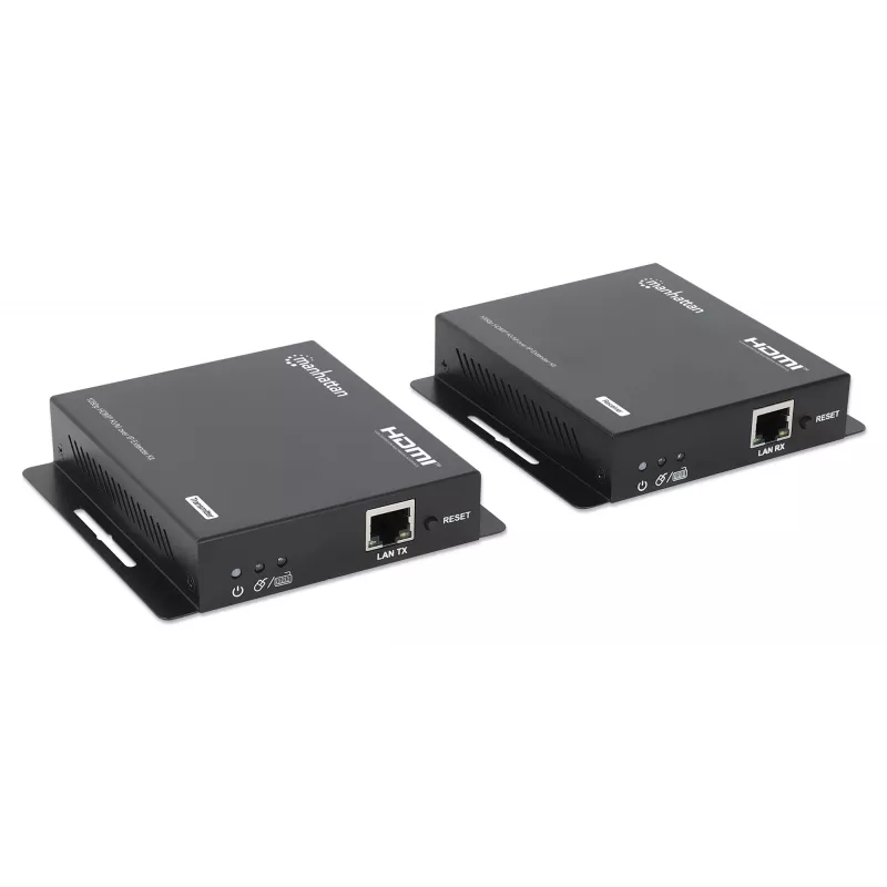 Manhattan 1080p HDMI KVM üle IP pikenduskomplekt, pikendab 1080p@60Hz signaali kuni 120 m ühe Cat6 Etherneti kaabli või IP-toega võrgu kaudu, saatja ja vastuvõtja, USB-A pordid arvuti/hiire/klaviatuuri jaoks, must, kolmeaastane garantii