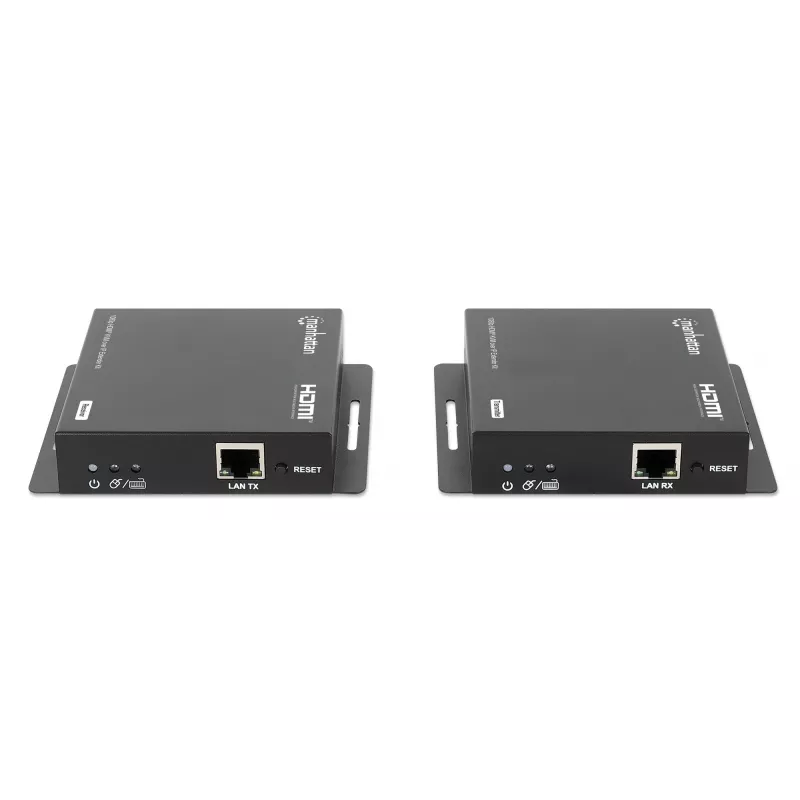 Manhattan 1080p HDMI KVM üle IP pikenduskomplekt, pikendab 1080p@60Hz signaali kuni 120 m ühe Cat6 Etherneti kaabli või IP-toega võrgu kaudu, saatja ja vastuvõtja, USB-A pordid arvuti/hiire/klaviatuuri jaoks, must, kolmeaastane garantii