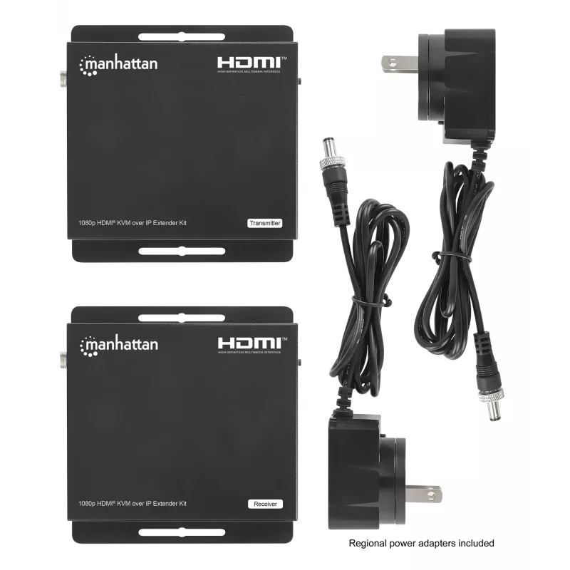 Manhattan 1080p HDMI KVM üle IP pikenduskomplekt, pikendab 1080p@60Hz signaali kuni 120 m ühe Cat6 Etherneti kaabli või IP-toega võrgu kaudu, saatja ja vastuvõtja, USB-A pordid arvuti/hiire/klaviatuuri jaoks, must, kolmeaastane garantii