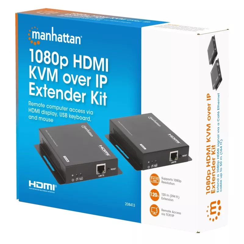 Manhattan 1080p HDMI KVM üle IP pikenduskomplekt, pikendab 1080p@60Hz signaali kuni 120 m ühe Cat6 Etherneti kaabli või IP-toega võrgu kaudu, saatja ja vastuvõtja, USB-A pordid arvuti/hiire/klaviatuuri jaoks, must, kolmeaastane garantii