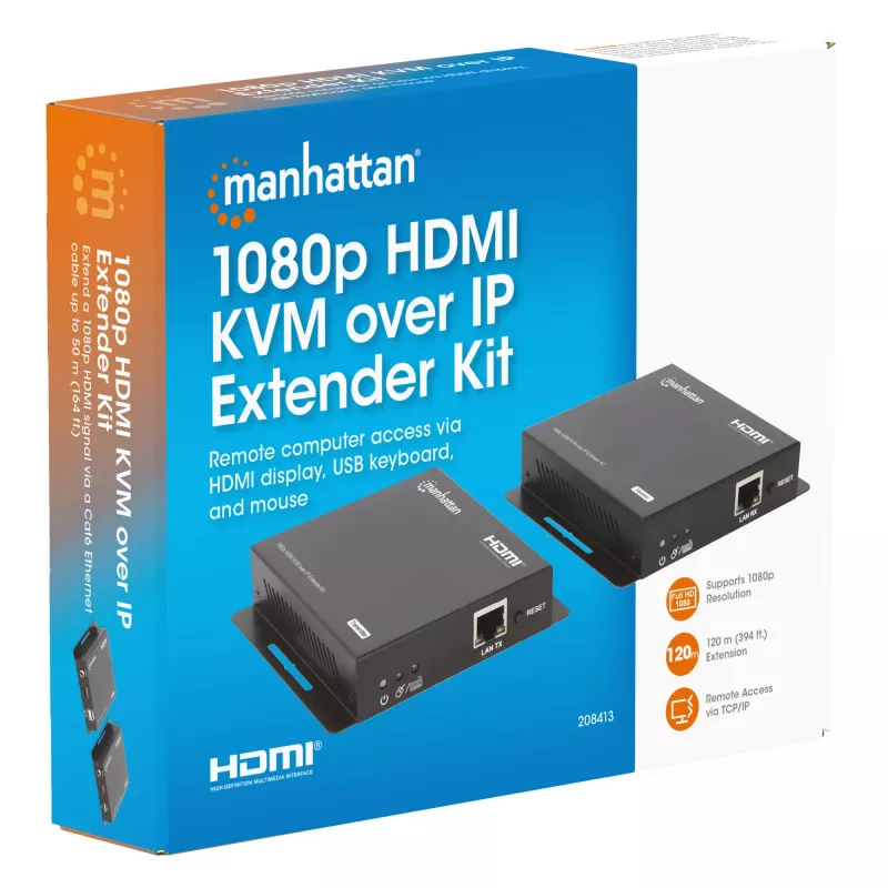 Manhattan 1080p HDMI KVM üle IP pikenduskomplekt, pikendab 1080p@60Hz signaali kuni 120 m ühe Cat6 Etherneti kaabli või IP-toega võrgu kaudu, saatja ja vastuvõtja, USB-A pordid arvuti/hiire/klaviatuuri jaoks, must, kolmeaastane garantii