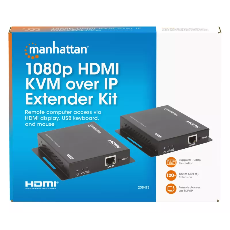 Manhattan 1080p HDMI KVM üle IP pikenduskomplekt, pikendab 1080p@60Hz signaali kuni 120 m ühe Cat6 Etherneti kaabli või IP-toega võrgu kaudu, saatja ja vastuvõtja, USB-A pordid arvuti/hiire/klaviatuuri jaoks, must, kolmeaastane garantii