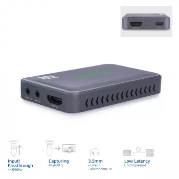 ACT USB-C Video Capture Card, HDMI 4K@60Hz läbipääs, 4K@30Hz püüdmine