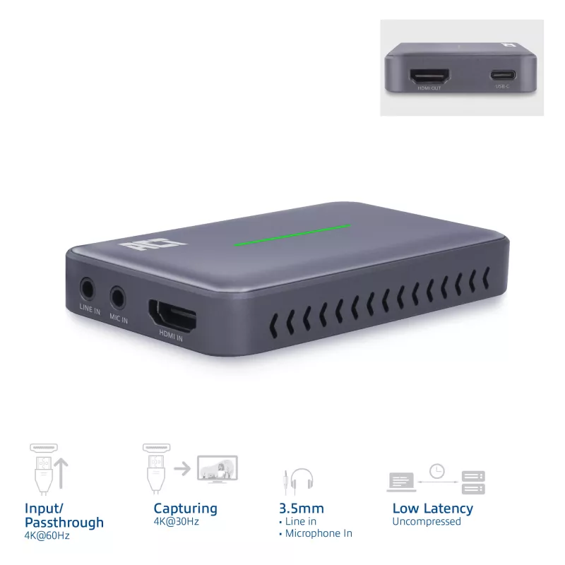 ACT USB-C Video Capture Card, HDMI 4K@60Hz läbipääs, 4K@30Hz püüdmine